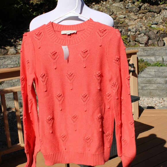 Loft NWT Women Sweater Small Coral Knitted Embellish Shift Pointelle - Picture 1 of 5